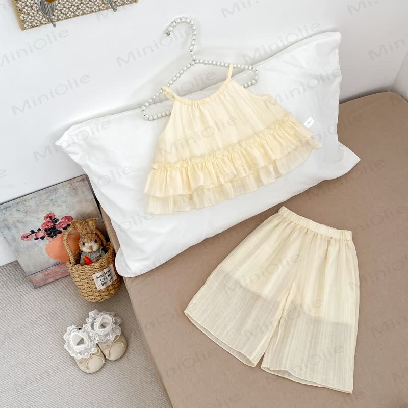 Baby Toddler Girls Sweet Ruffle Cotton Solid Color Tulle Tank Top and Pants Set - Beige - 4-5T - image 3