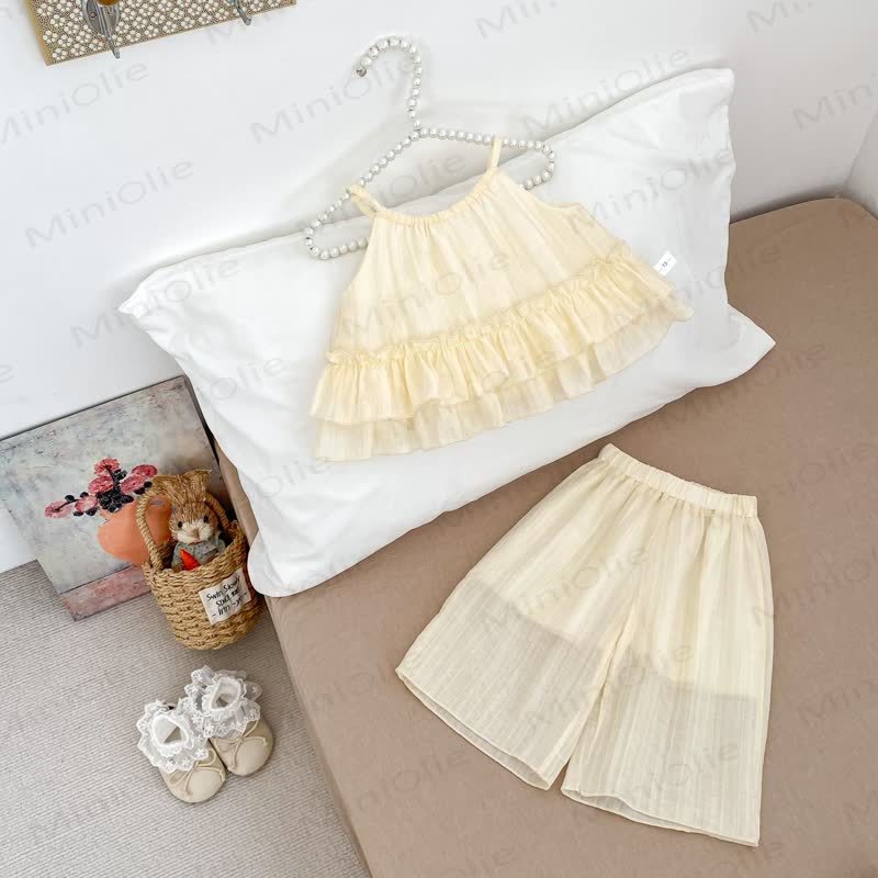 Baby Toddler Girls Sweet Ruffle Cotton Solid Color Tulle Tank Top and Pants Set - Beige - 4-5T - image 3