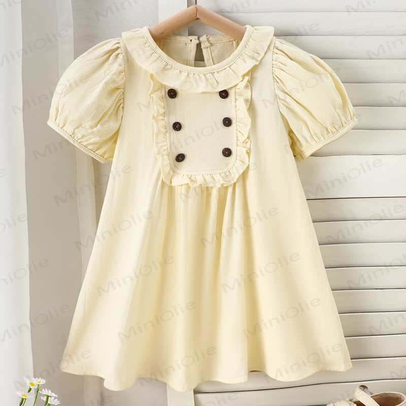 Toddler Girls Cotton Ruffle Collar Puff Sleeve Solid Color Dress - Beige - 6-7T - image 3