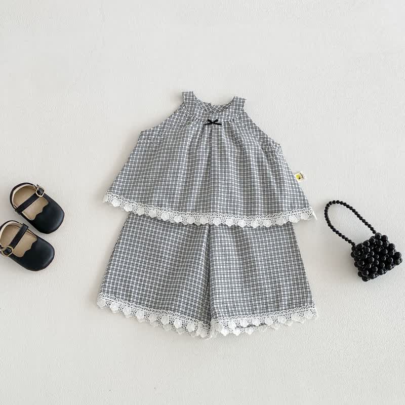 Baby Gingham Lace Trim Bow Tank Top and Pants Set - Gray - 3-4T - image 1