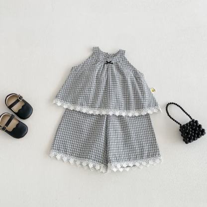 Baby Gingham Lace Trim Bow Tank Top and Pants Set - Gray - 3-4T - image 1