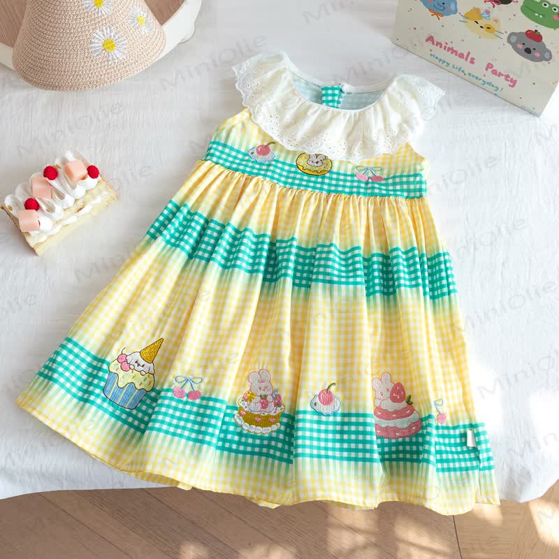 Toddler Girls Cake Print Check Lace Collar Dress - Yellow - 8-9T - image 1
