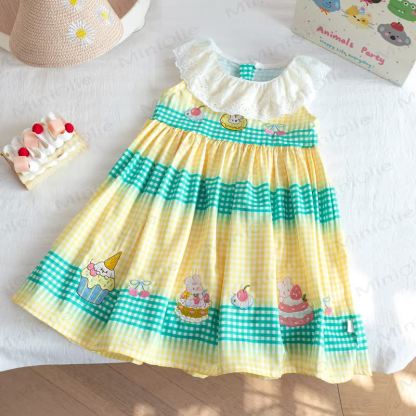 Toddler Girls Cake Print Check Lace Collar Dress - Yellow - 8-9T - image 1