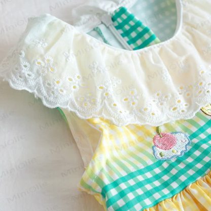 Toddler Girls Cake Print Check Lace Collar Dress - image 5