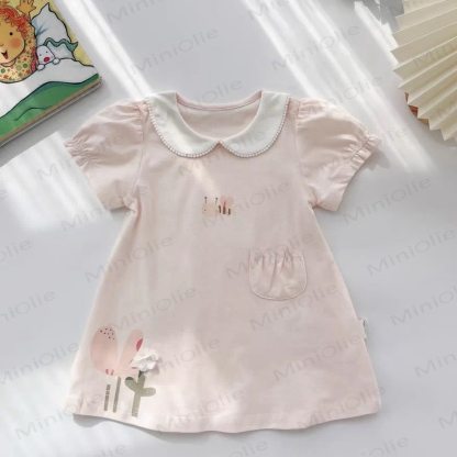 Baby Girls Cotton Peter Pan Collar Floral or Bee Print Dress - Pink Bee - 3-4T - image 3
