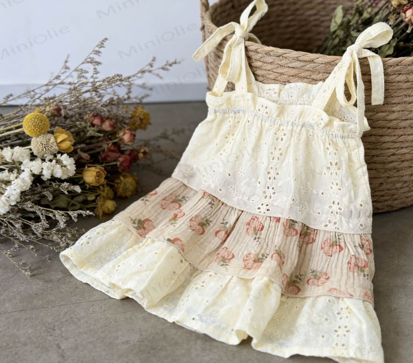 Toddler Girls Floral Cotton Sleeveless Bow Dress - Beige - 6-7T - image 2