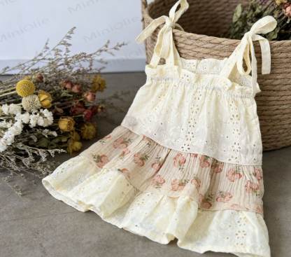 Toddler Girls Floral Cotton Sleeveless Bow Dress - Beige - 6-7T - image 2
