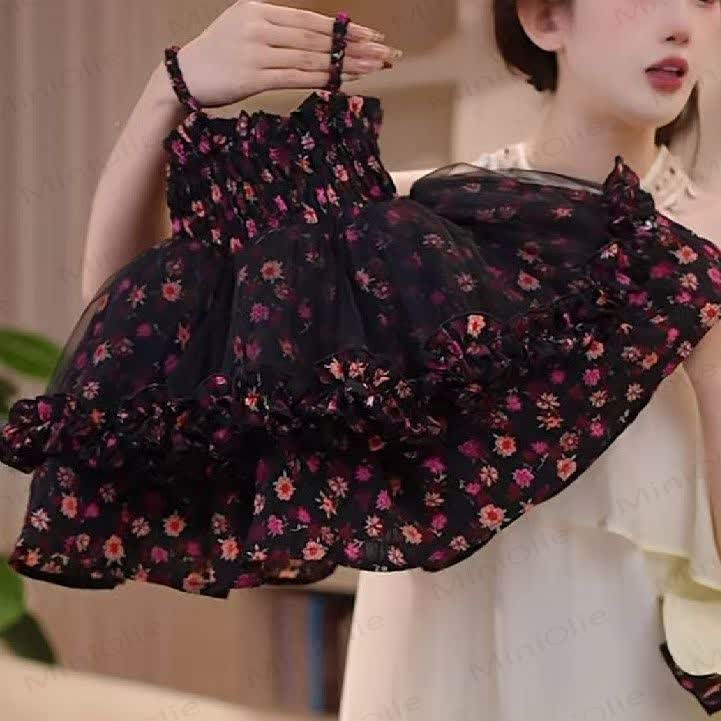 Toddler Girls Floral Tulle Ruffle Sleeveless Dress with Hat - Black Dress - 8-9T - image 1