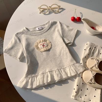Toddler Girls Cherry Print Lace Cotton Tank Top - Gray - 8-9T - image 3