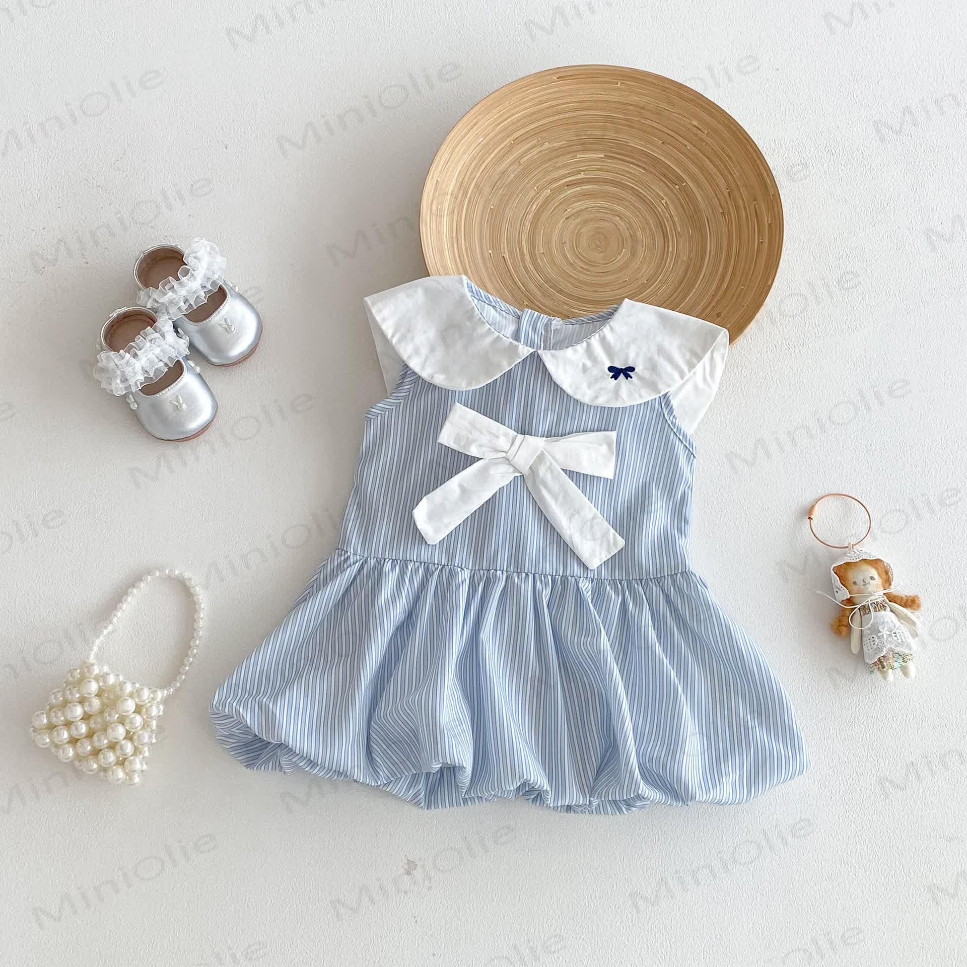 Baby Blue Stripe Bow Peter Pan Collar Sleeveless Dress - image 1