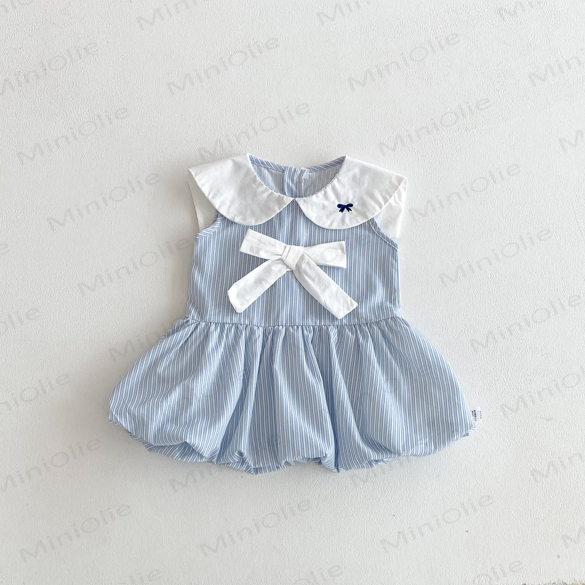 Baby Blue Stripe Bow Peter Pan Collar Sleeveless Dress - Blue - 2-3T - image 2