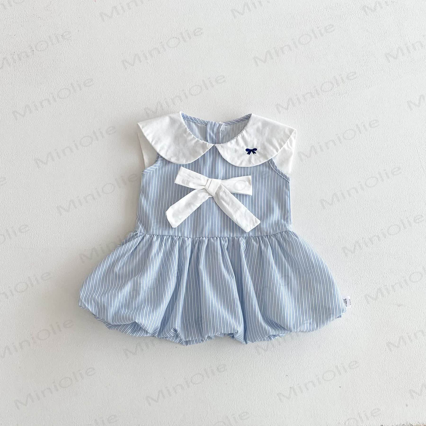 Baby Blue Stripe Bow Peter Pan Collar Sleeveless Dress - Blue - 2-3T - image 2