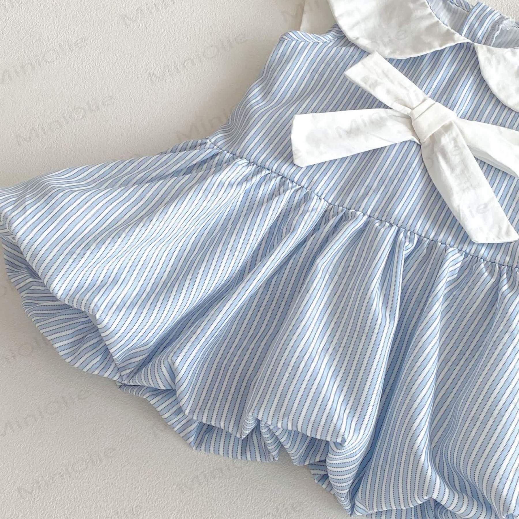 Baby Blue Stripe Bow Peter Pan Collar Sleeveless Dress - image 4