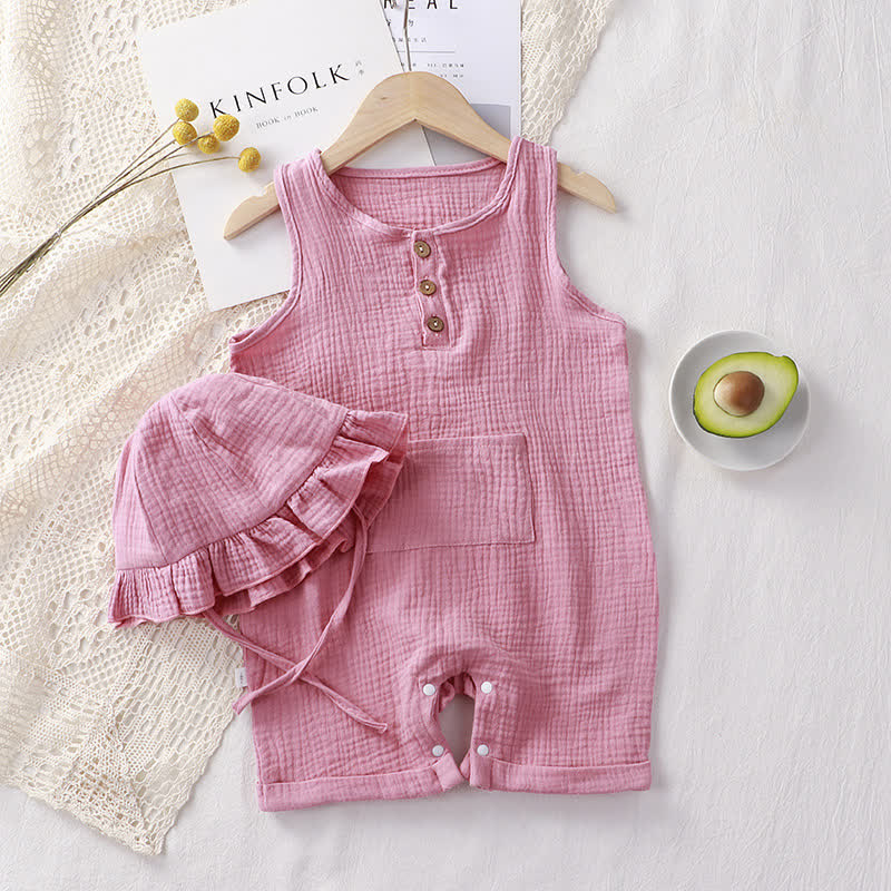 Baby Solid Color Pocket Sleeveless Romper with Hat - Pink - 12-18M - image 2