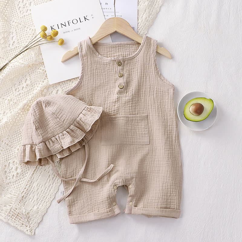 Baby Solid Color Pocket Sleeveless Romper with Hat - Wheat - 12-18M - image 3