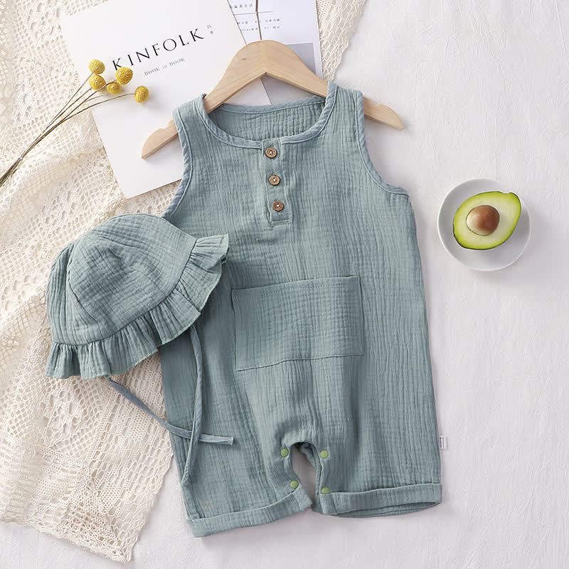 Baby Solid Color Pocket Sleeveless Romper with Hat - Green - 12-18M - image 4