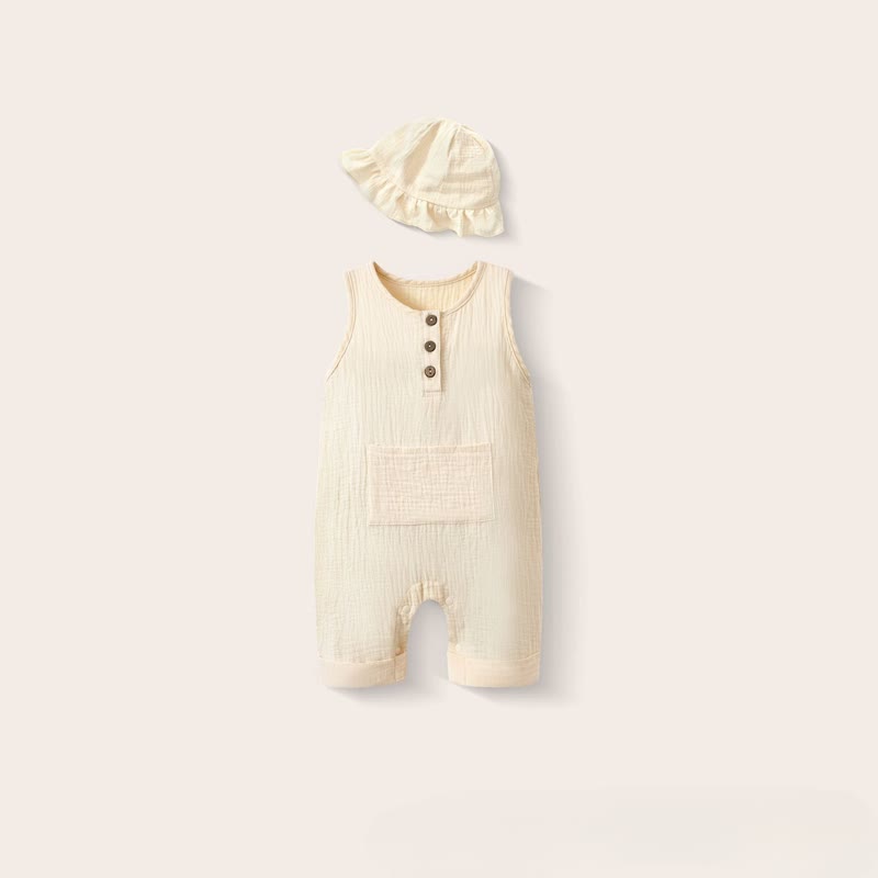Baby Solid Color Pocket Sleeveless Romper with Hat - Beige - 12-18M - image 6
