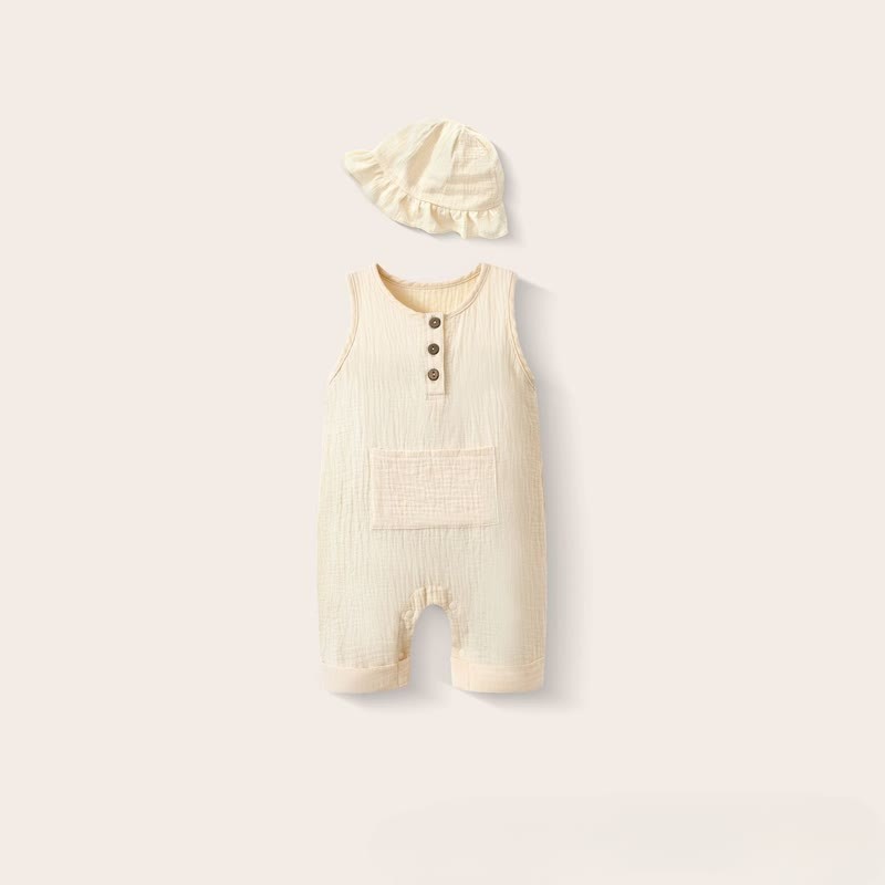 Baby Solid Color Pocket Sleeveless Romper with Hat - Beige - 12-18M - image 6