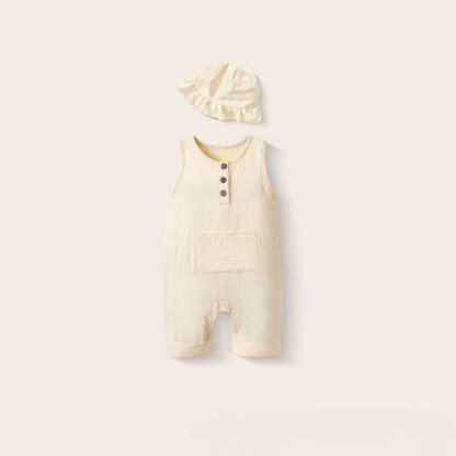 Baby Solid Color Pocket Sleeveless Romper with Hat - Beige - 12-18M - image 6