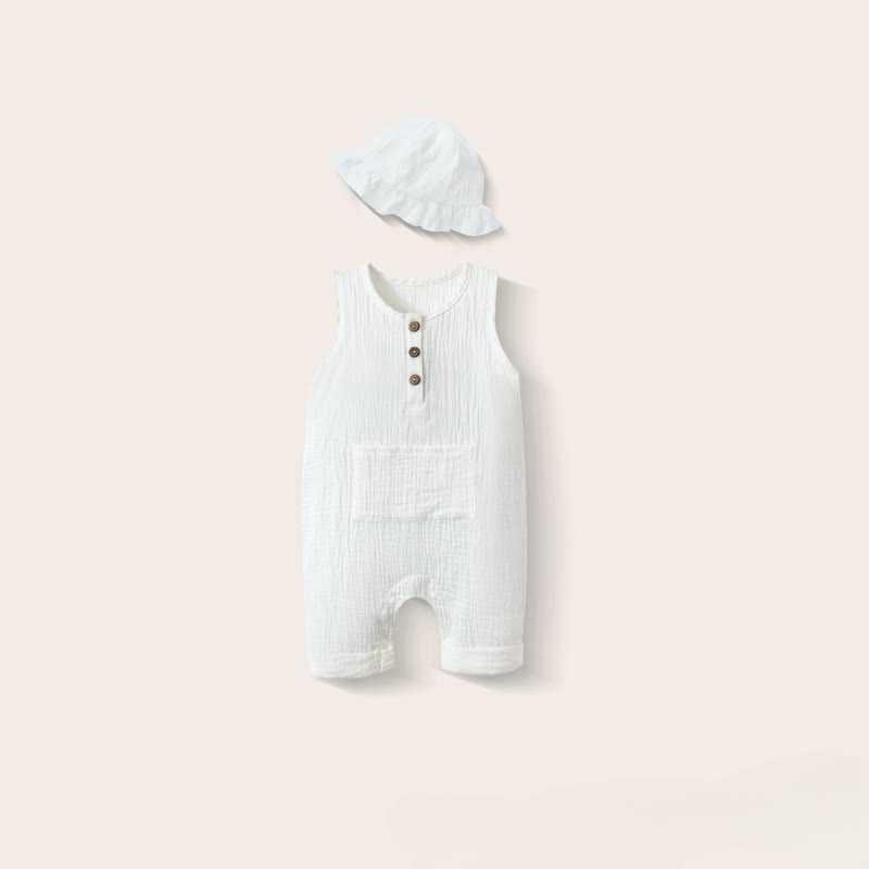 Baby Solid Color Pocket Sleeveless Romper with Hat - White - 12-18M - image 5