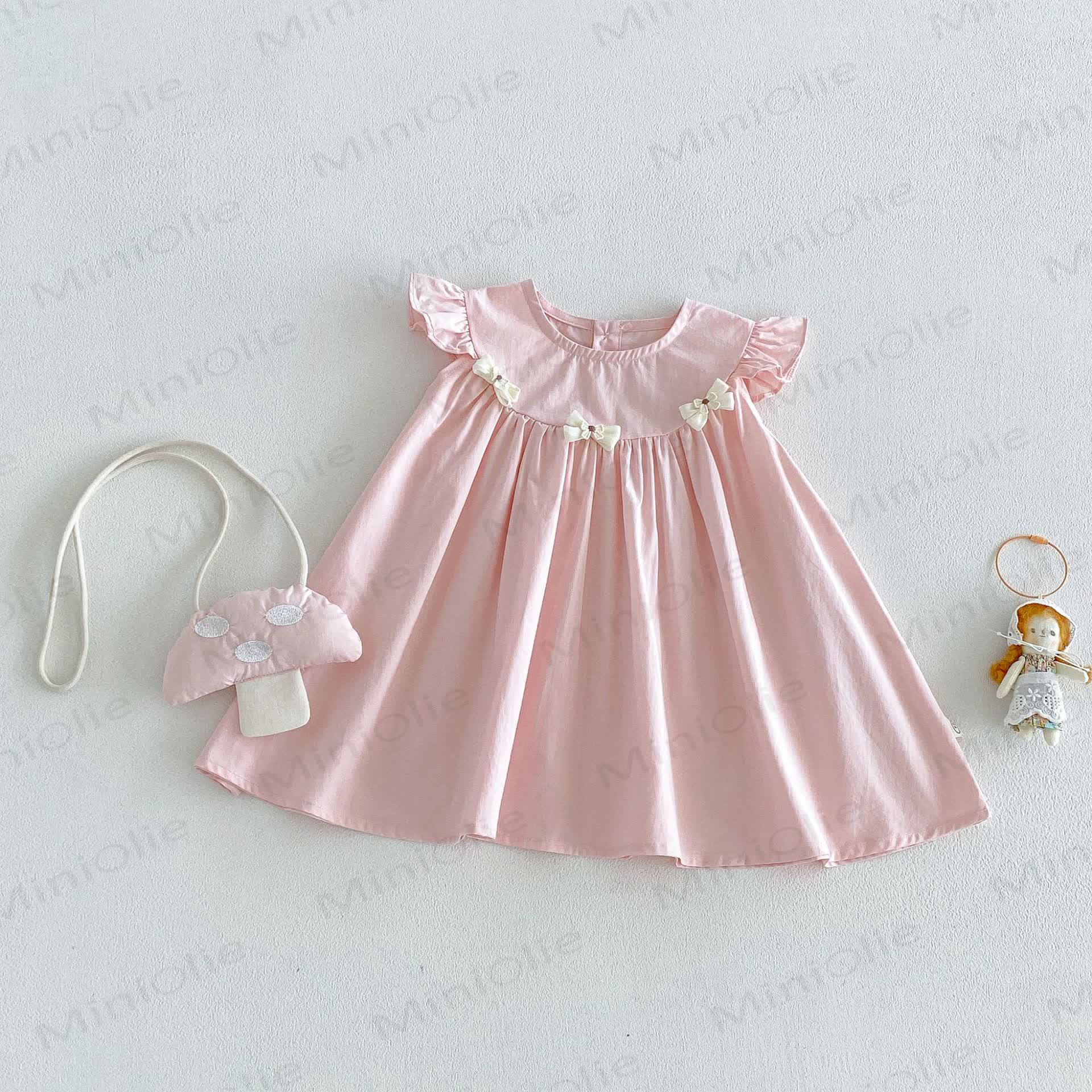 Baby Girls Ruffle Sleeveless Bow Solid Color Dress - Pink - 4-5T - image 4