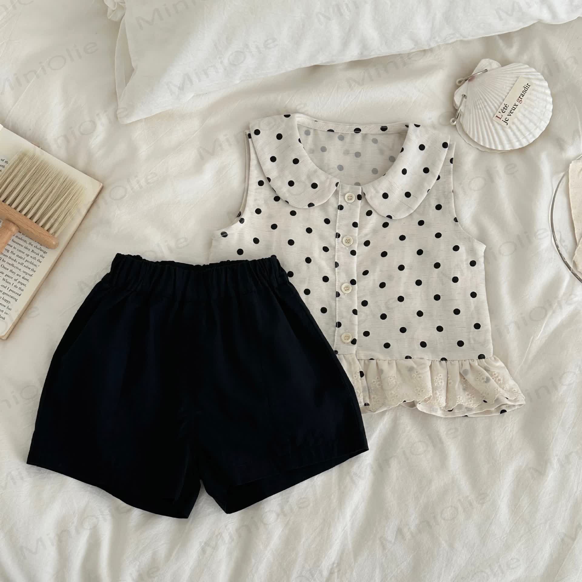 Baby Girls Polka Dot Peter Pan Tank Top and Solid Black Shorts Set - Beige - 2-3T - image 2