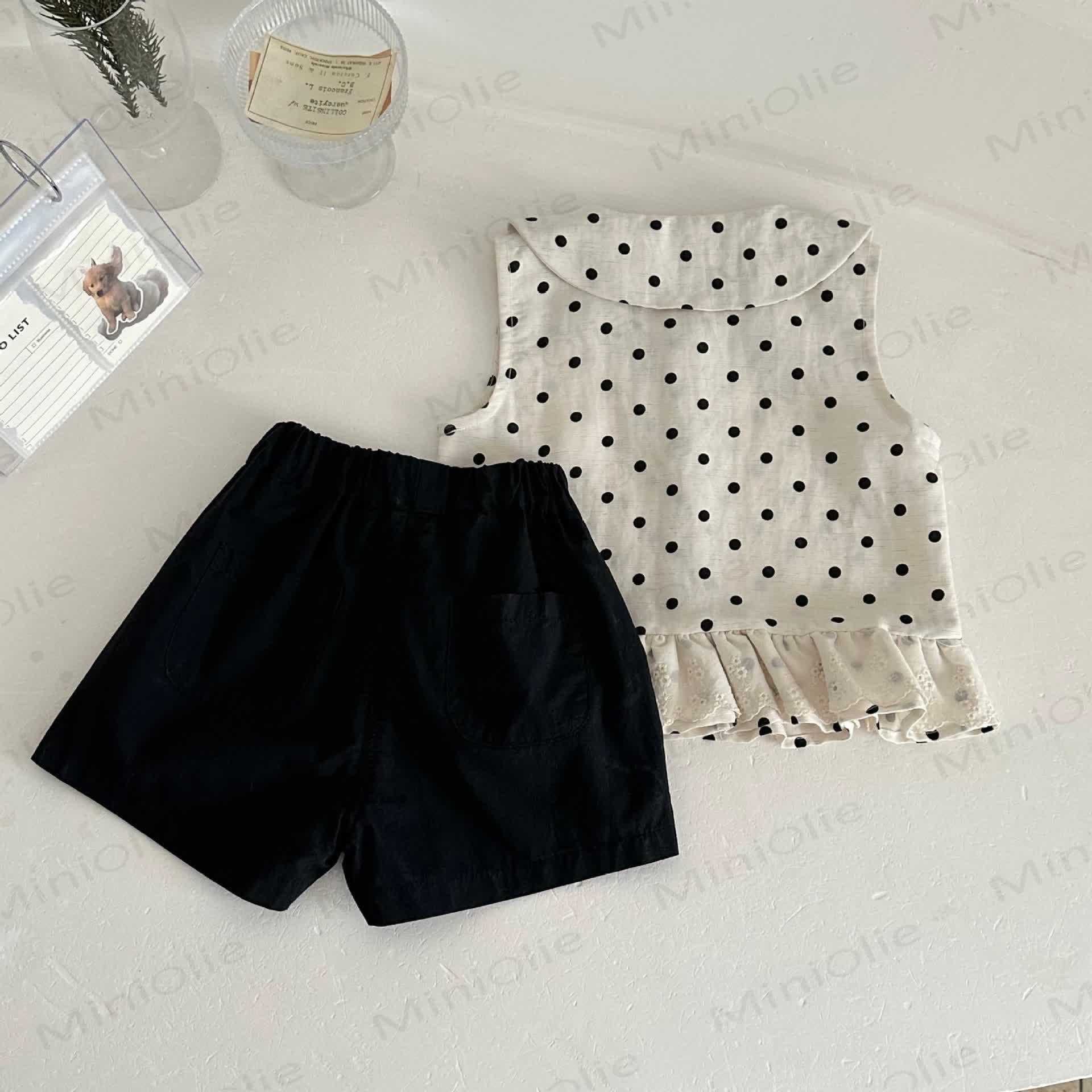 Baby Girls Polka Dot Peter Pan Tank Top and Solid Black Shorts Set - image 3