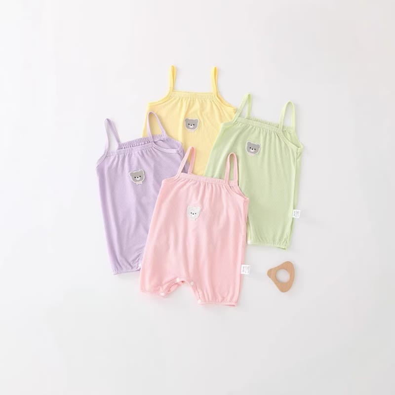 Baby Girl Solid Color Cartoon Bear Strap Romper - image 1