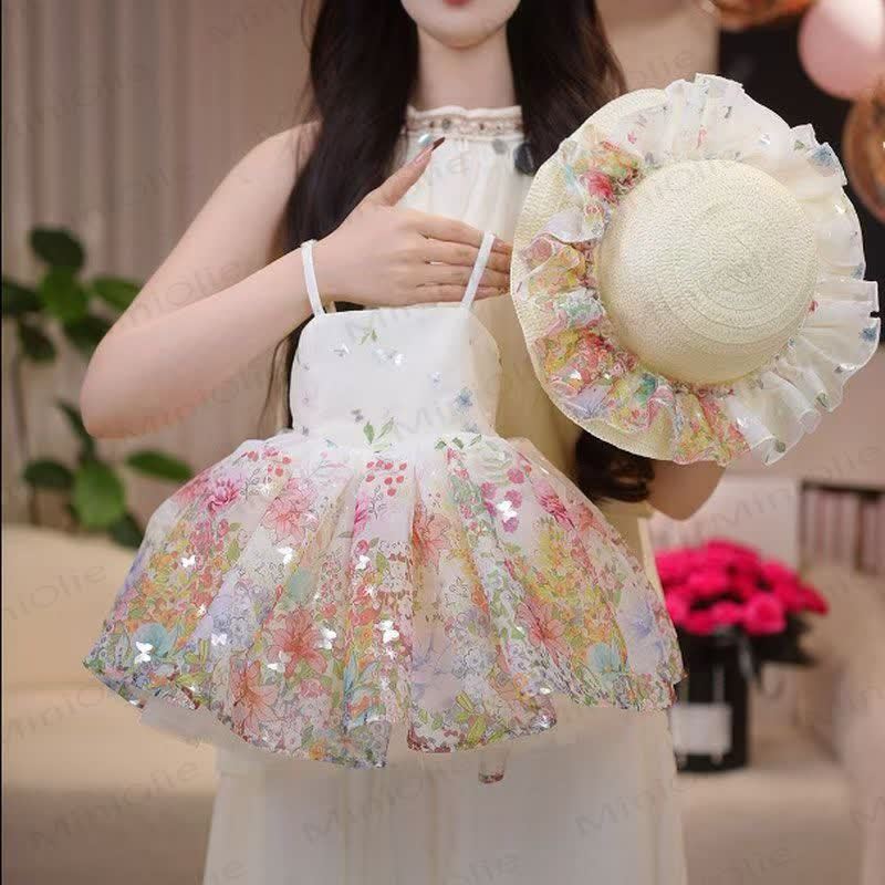 Toddler Girls Floral Tulle Sleeveless Dress with Hat - Beige Dress - 6-7T - image 1