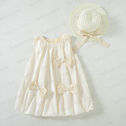 Toddler Girls Solid Beige Bow Sleeveless Dress with Hat - Beige - 6-7T - image 2