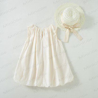 Toddler Girls Solid Beige Bow Sleeveless Dress with Hat - image 4