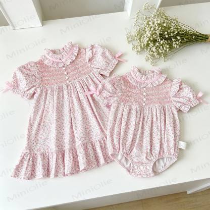 Baby Toddler Girls Pink Floral Bow Puff Sleeves Romper or Dress - image 1