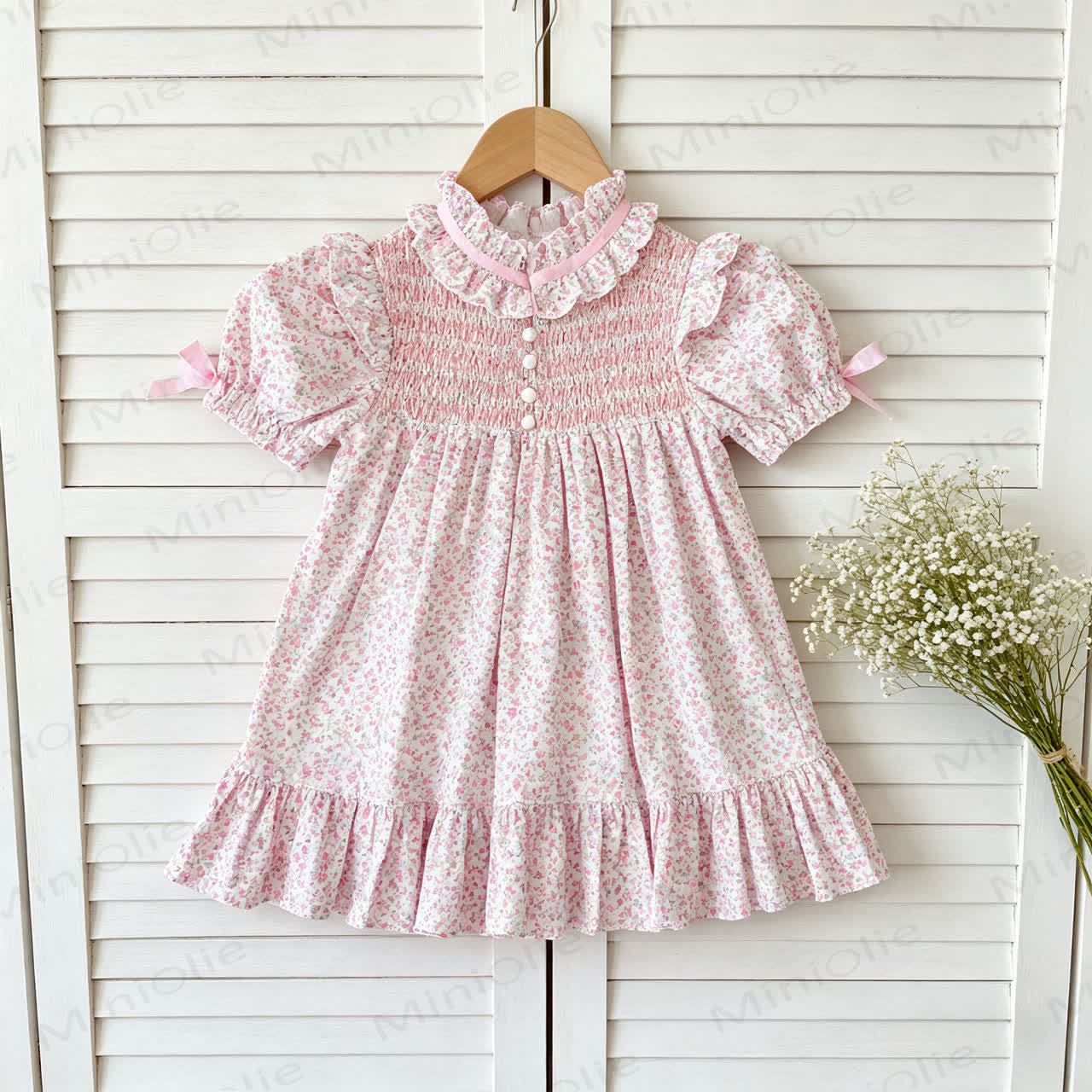 Baby Toddler Girls Pink Floral Bow Puff Sleeves Romper or Dress - Pink Dress - Dress: 6-7T - image 3