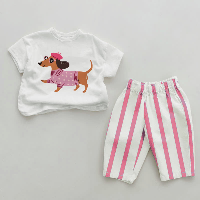 Baby Girl Daschund Pink Vertical Striped 2-piece Set - White&Pink - 2-3T - image 1