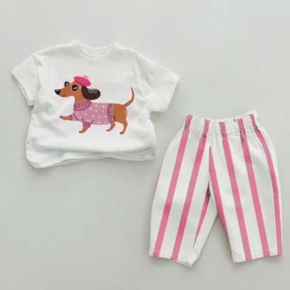 Baby Girl Daschund Pink Vertical Striped 2-piece Set - White&Pink - 2-3T - image 1