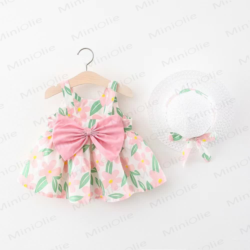 Baby Girls Floral Bow Sleeveless Dress with Hat - Pink - 2-3T - image 1