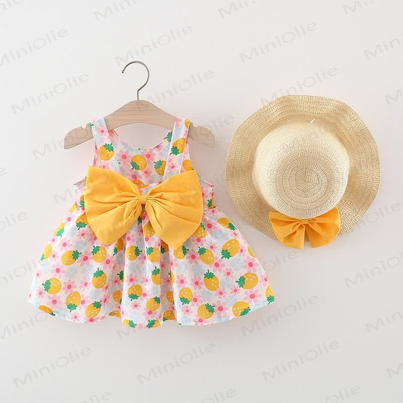 Baby Strawberry Print Bow Sleeveless Dress with Hat - Yellow - 2-3T - image 2