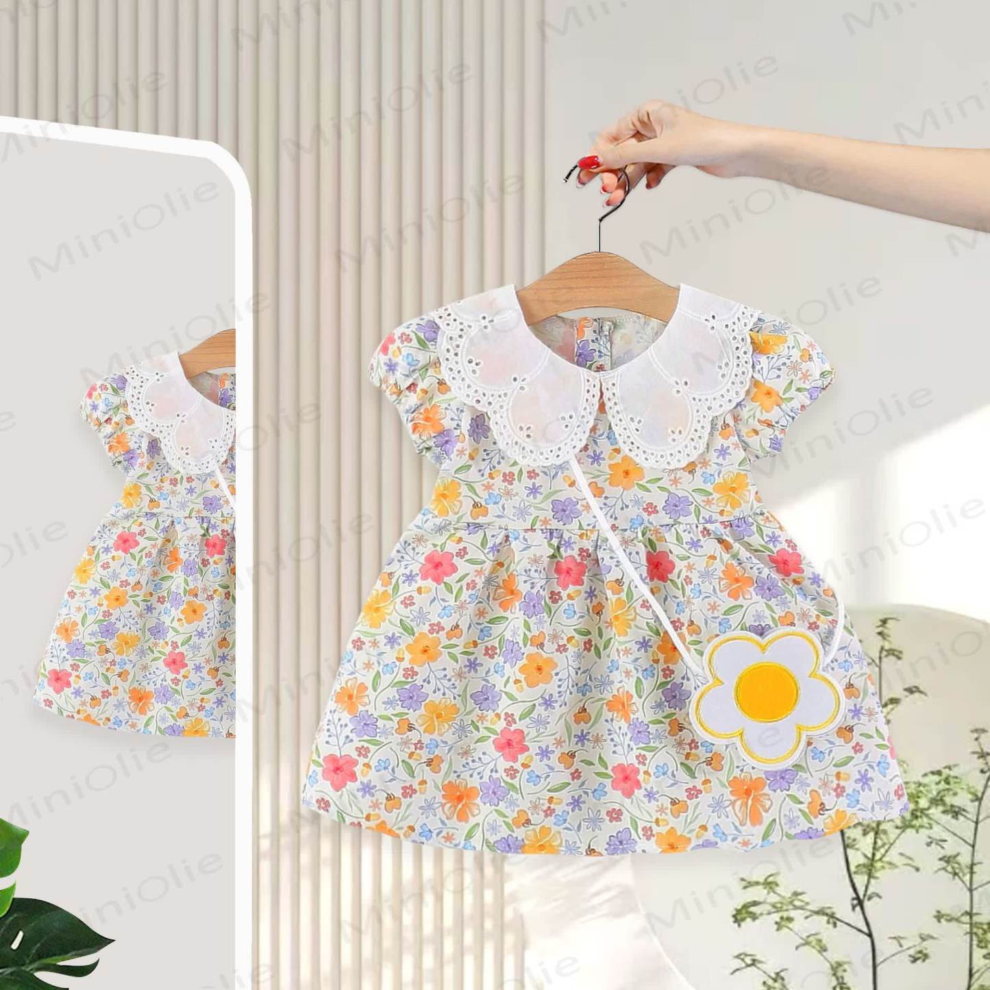 Baby Girls Floral Print Petal Collar Puff Sleeves Dress - Purple - 2-3T - image 3