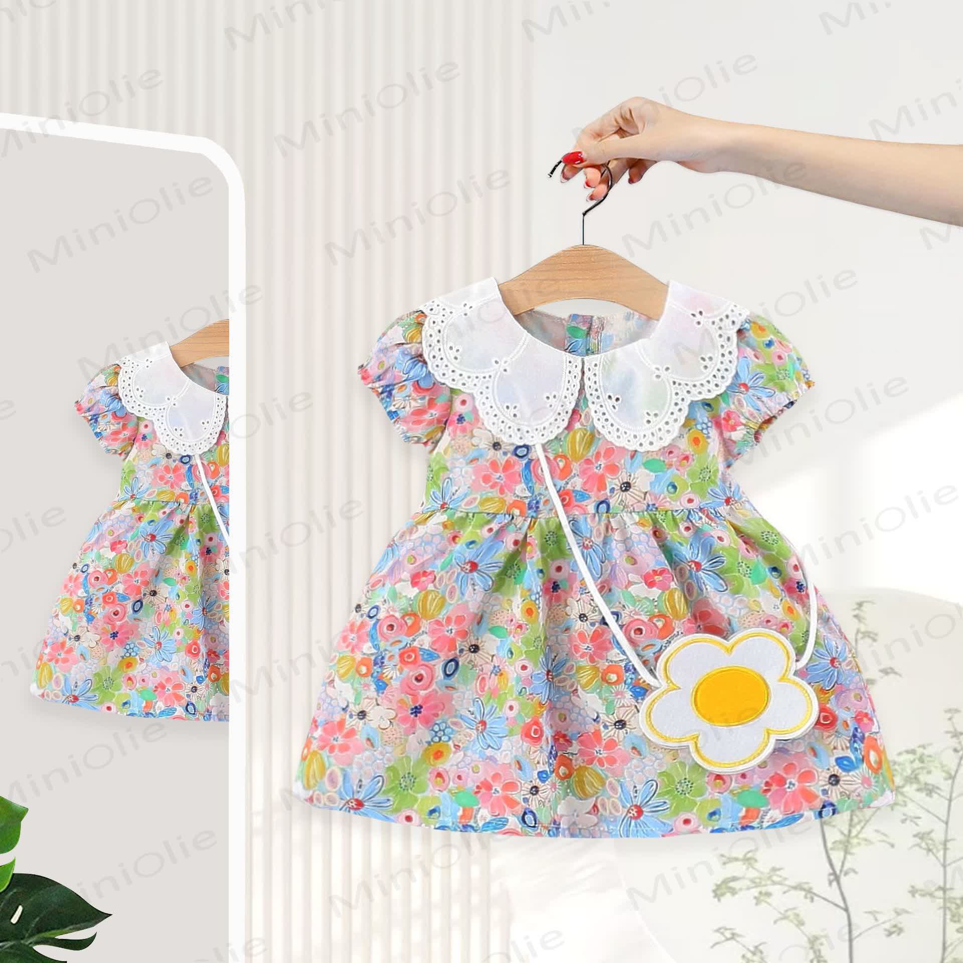Baby Girls Floral Print Petal Collar Puff Sleeves Dress - Pink - 2-3T - image 1