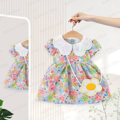 Baby Girls Floral Print Petal Collar Puff Sleeves Dress - Pink - 2-3T - image 1