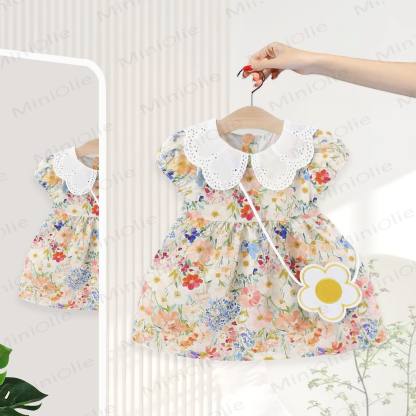 Baby Girls Floral Print Petal Collar Puff Sleeves Dress - Orange - 2-3T - image 2