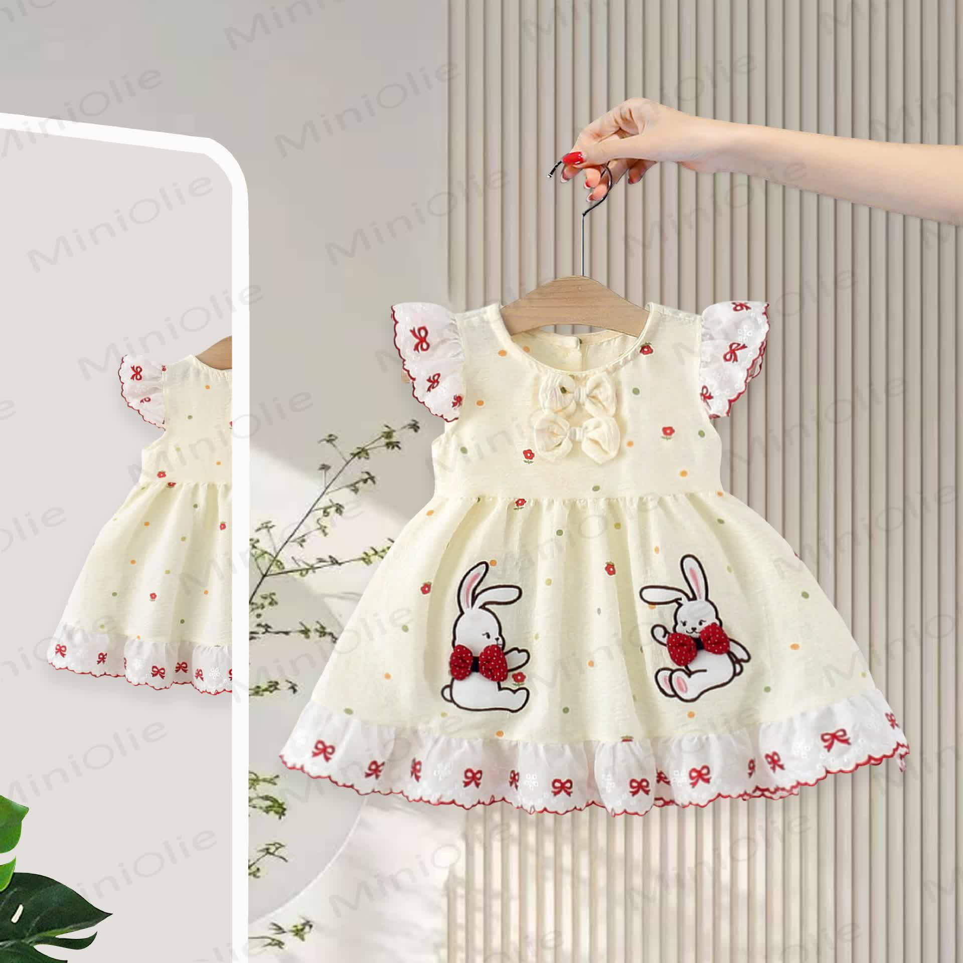 Baby Girls Bunny Bow Polka Dot Ruffle Sleeves Dress - Beige - 3-4T - image 1