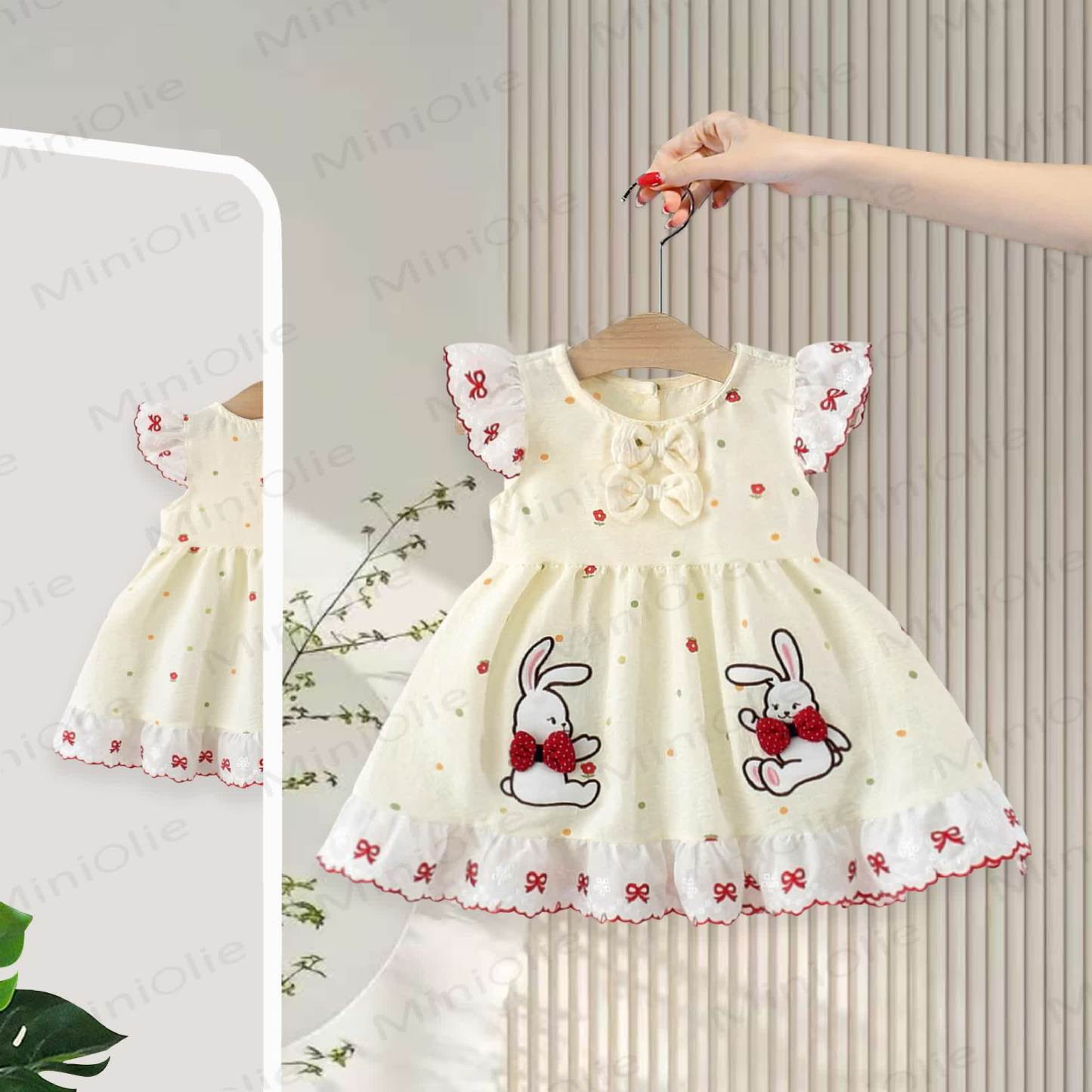 Baby Girls Bunny Bow Polka Dot Ruffle Sleeves Dress - Beige - 3-4T - image 1