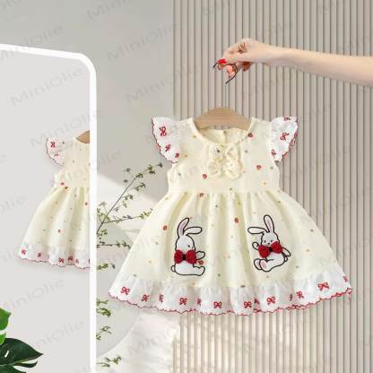 Baby Girls Bunny Bow Polka Dot Ruffle Sleeves Dress - Beige - 3-4T - image 1
