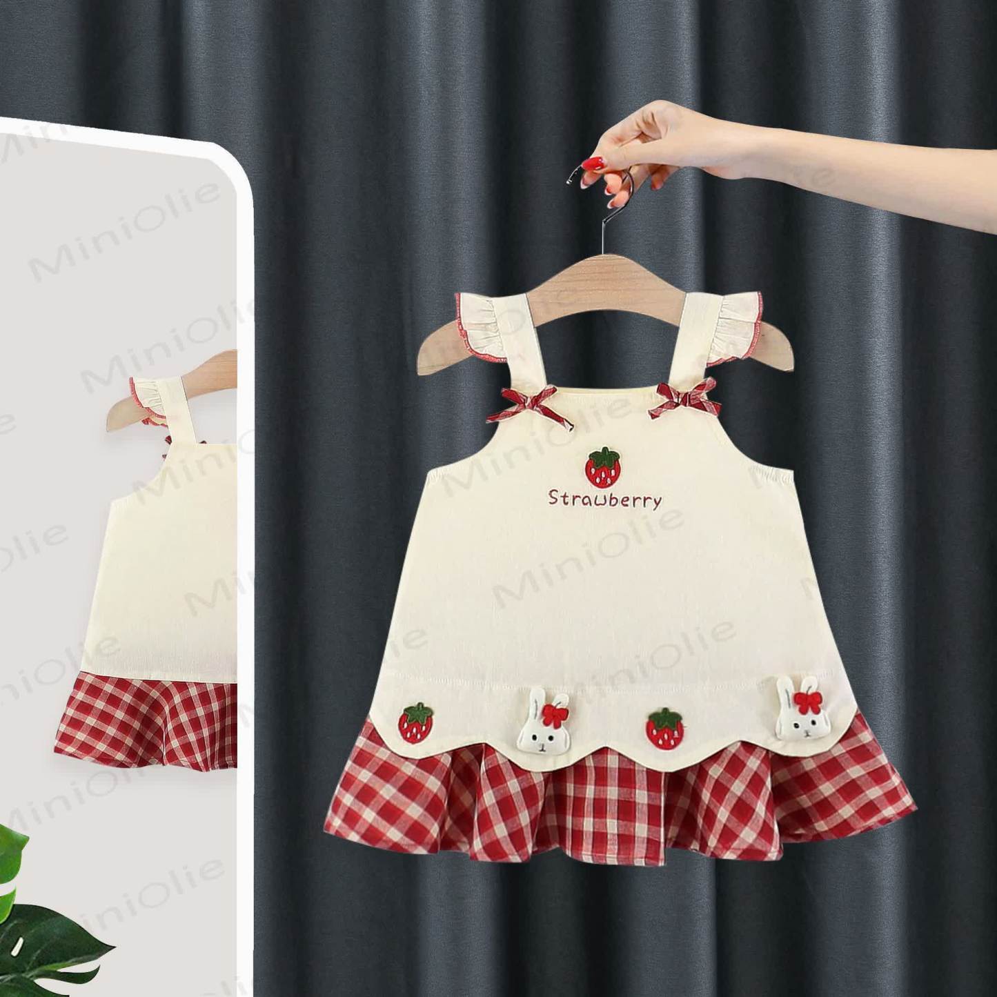 BABY Girls Strawberry and Bunny Print Gingham Ruffle Sleeveless Dress - Beige - 3-4T - image 1