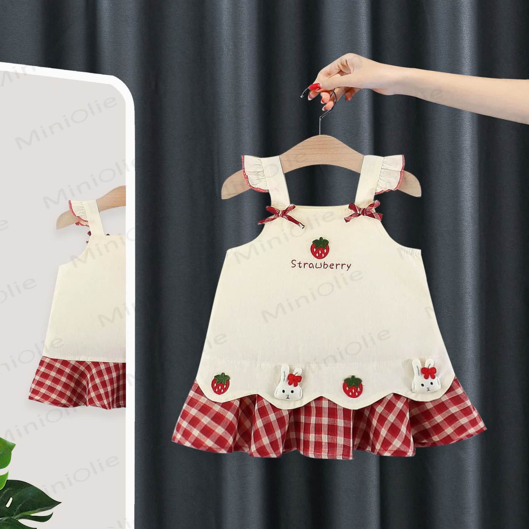 BABY Girls Strawberry and Bunny Print Gingham Ruffle Sleeveless Dress - Beige - 3-4T - image 1