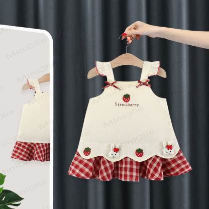 BABY Girls Strawberry and Bunny Print Gingham Ruffle Sleeveless Dress - Beige - 3-4T - image 1
