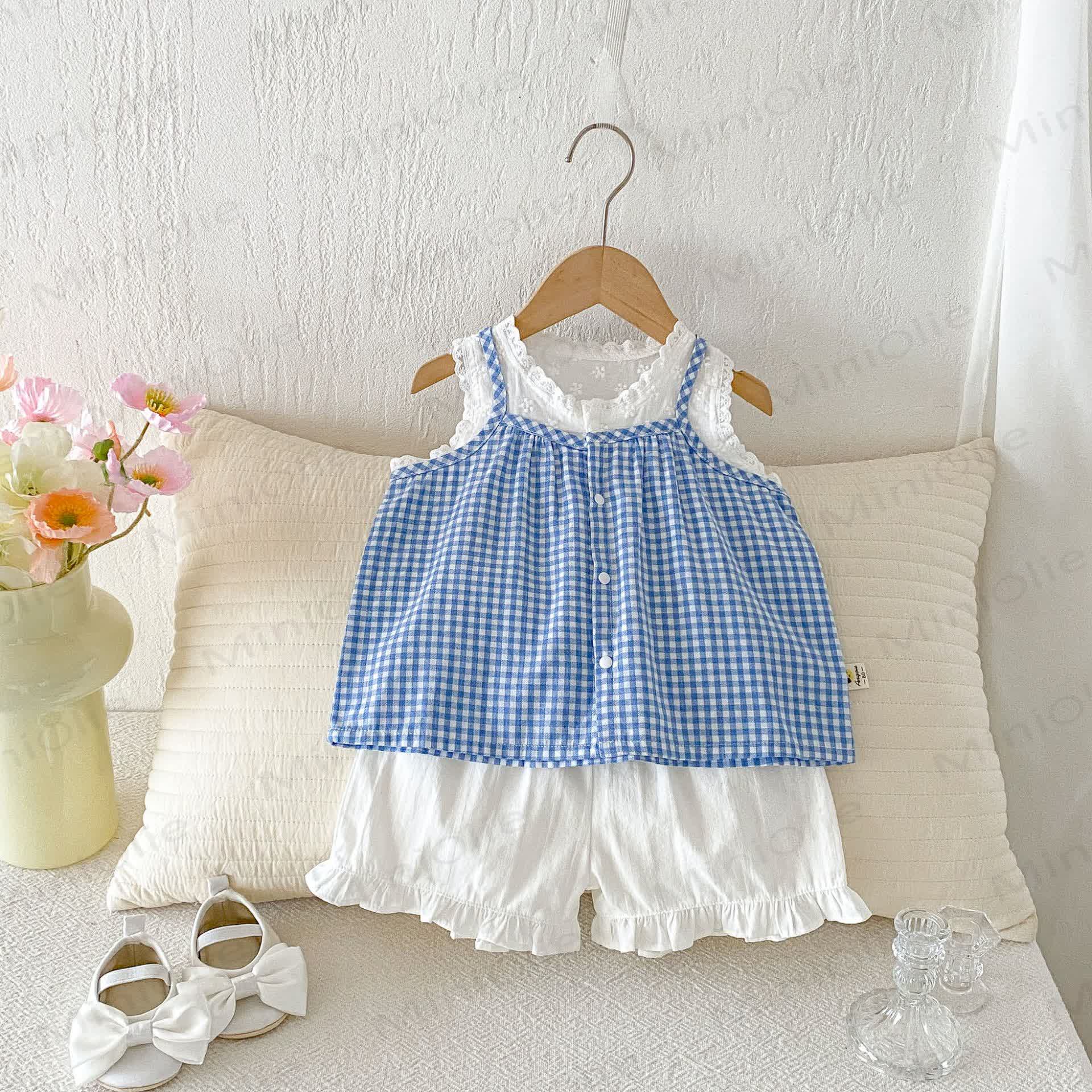 Baby Girls Blue Gingham Lace Tank Top and Solid White Shorts Set - image 1