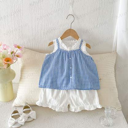 Baby Girls Blue Gingham Lace Tank Top and Solid White Shorts Set - image 1