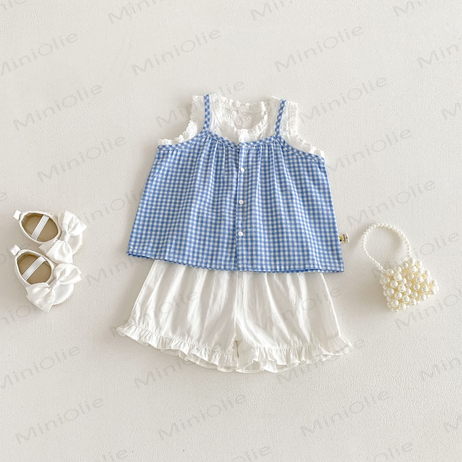 Baby Girls Blue Gingham Lace Tank Top and Solid White Shorts Set - Blue - 3-4T - image 2